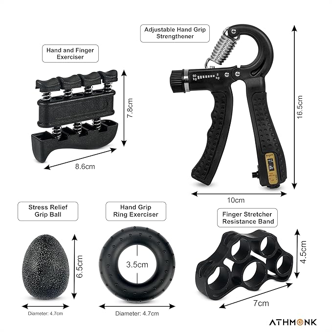 Athmonk Hand Gripper Kit - Hand Exercise Physiotherapy Equipments - Finger Strengthener & Stretcher - Stress Buster Gripper Ball - Adjustable Hand Gripper - Hand Grip Donut Ring - 5 Pcs Set